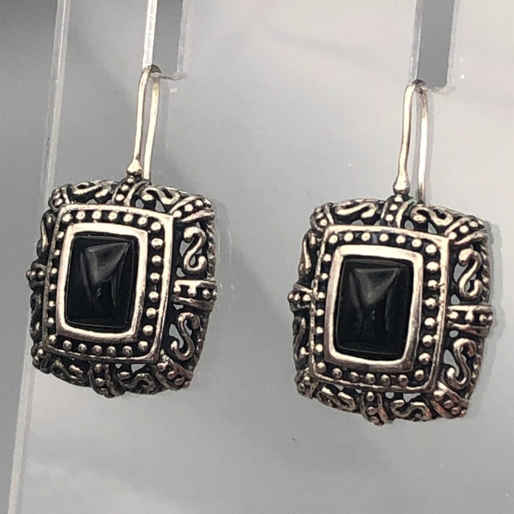 Vintage Byzantine Onyx Sterling Silver Earrings 925 Square Dangle Gothic Wire